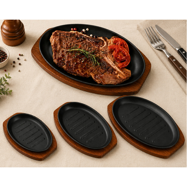 Cast Iron Steak Sizzler Plate Oval Sizzling Hot Plate Serving Dish Grill &amp; Base