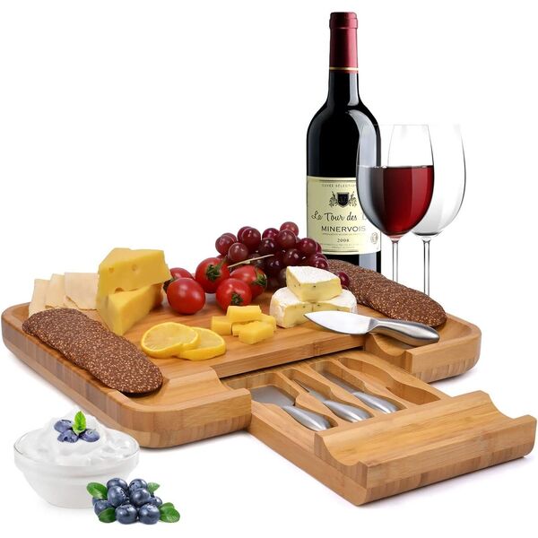 WoneNice Bamboo Cheese Board & 4 Knife Set Wooden Serving Cutting Chopping Board