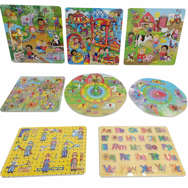 X-Large Kid Wooden Jigsaw Puzzle Early Educational Toy Alphabet Clock Farm 8Pc 