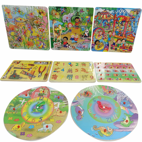 X-Large Kid Wooden Jigsaw Puzzle Early Educational Toy Alphabet Clock Tools 8Pc