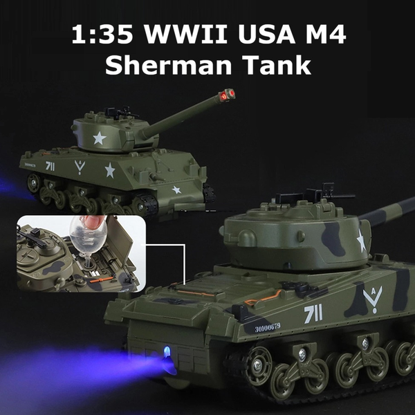 1:35 WWII USA M4 Sherman Tank Model Sound Light Smoke Spray Military Tank Toy