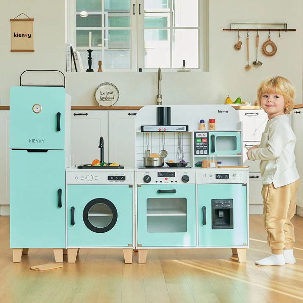 Kienvy 3Pc Kid Wooden Kitchen Sink Fridge Set Real Water Sink Pretend Kichen Toy Set -
