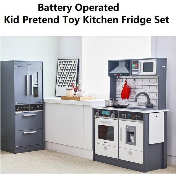 2Pc Kid Pretend Toy Kitchen Fridge Sink Range Hood Microwave Cooktop Oven Set -