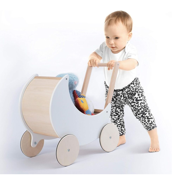 2-In-1 Wooden Moon Doll Pram Stroller Cart Shopping Trolley Push Walker Toy 1Y+ -