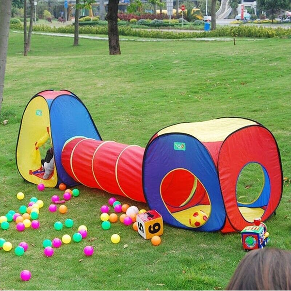 New Kid Gift Indoor Outdoor Pop Up Cubby Tent Play House 3pcs Tunnel Playset -